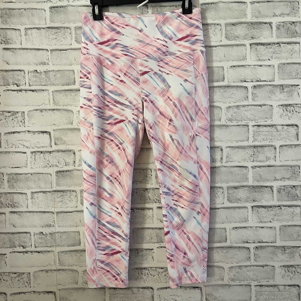 Women’s GAIAM multi pastel watercolor paint pattern high waist crop leggings M